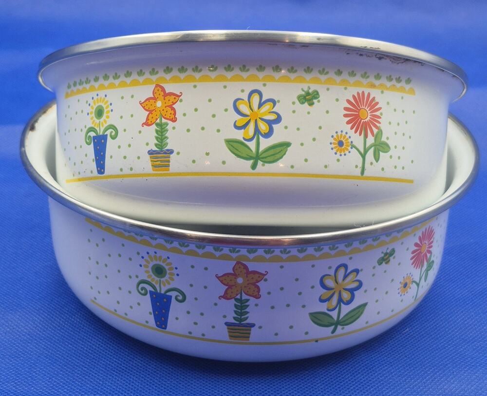 Vintage 1970s Floral Enamel Nesting Bowls Silver Rim Set of Two 6.5" and 7.5"